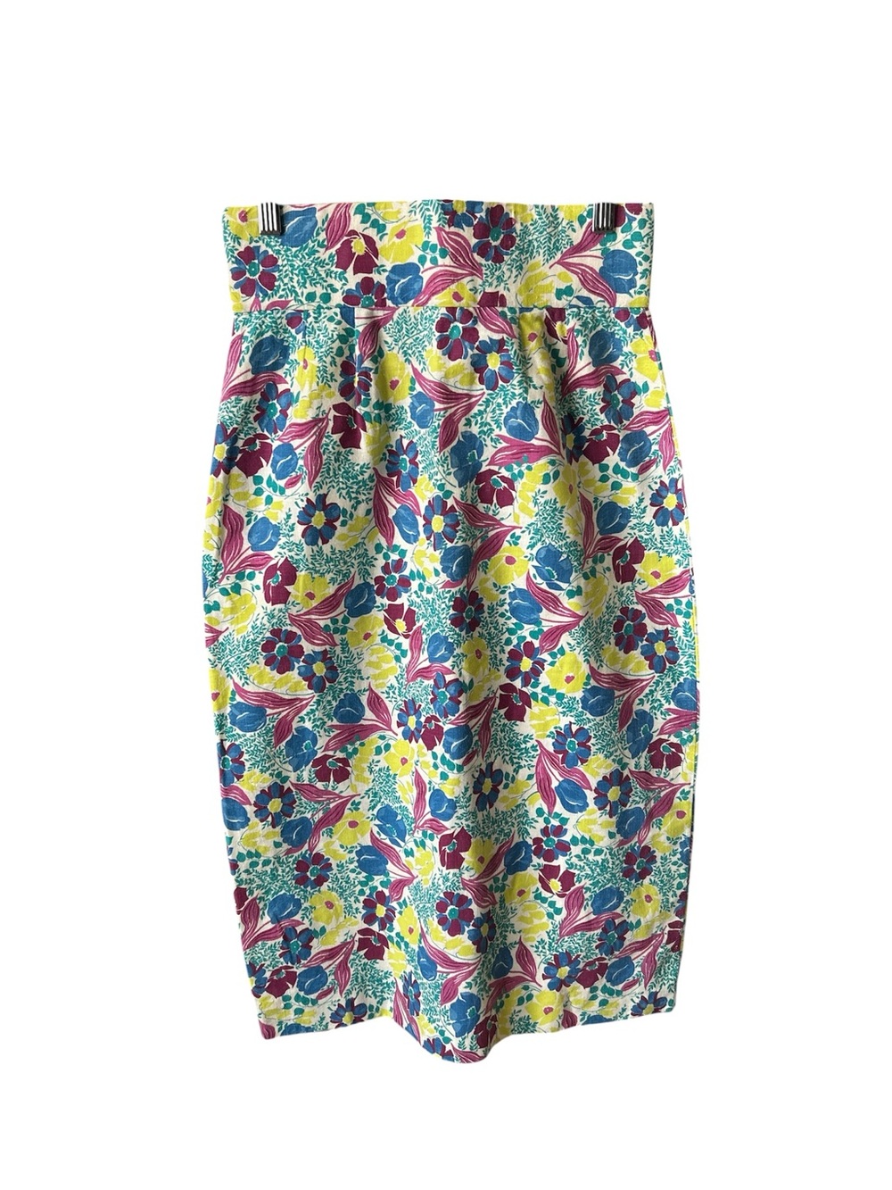 Vintage Floral Print Pencil Skirt Midi Back Slit Multicolor 27” Waist